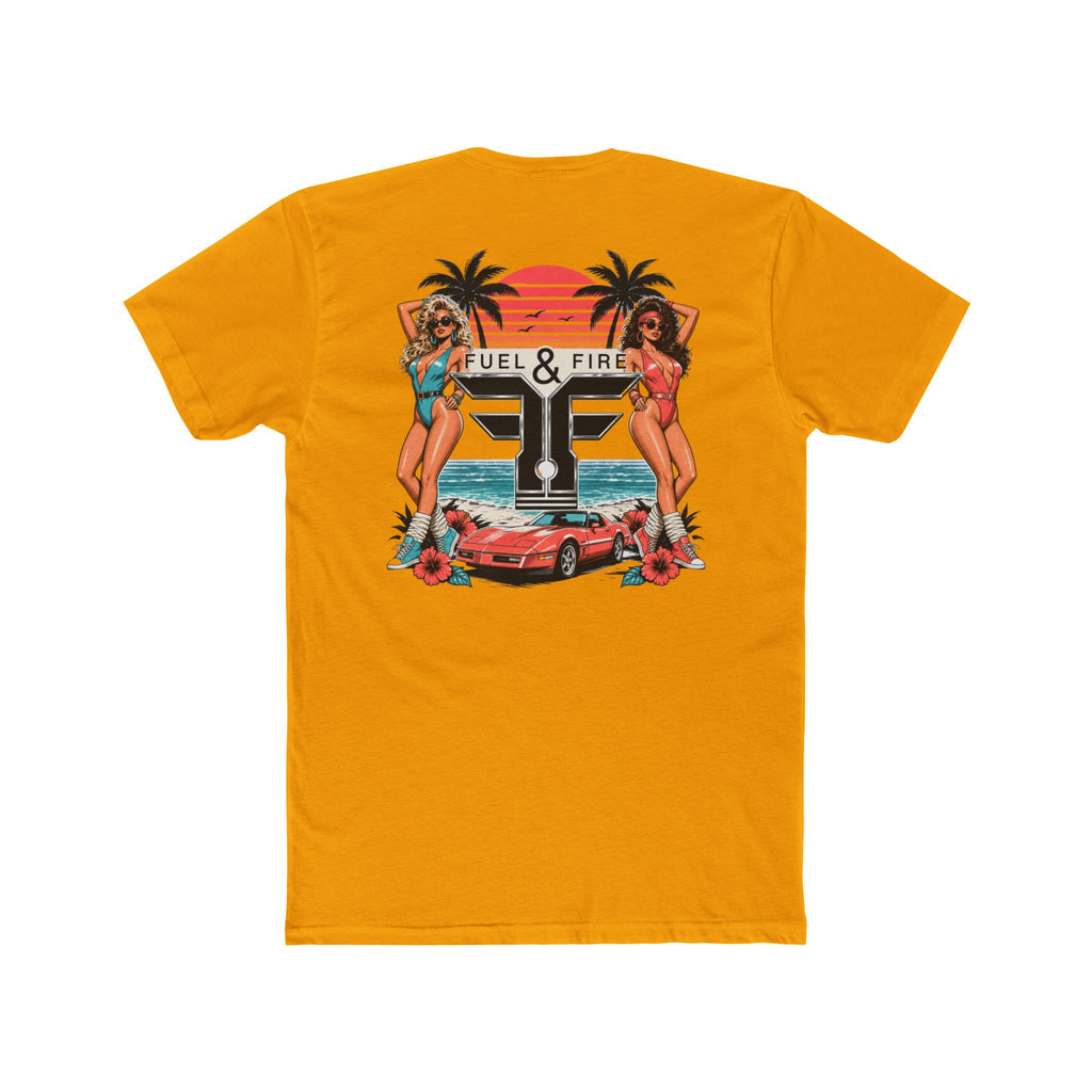 Fuel & Fire Retro Beach Tee — Vintage Car, Palm Trees & Pin-Up Graphic