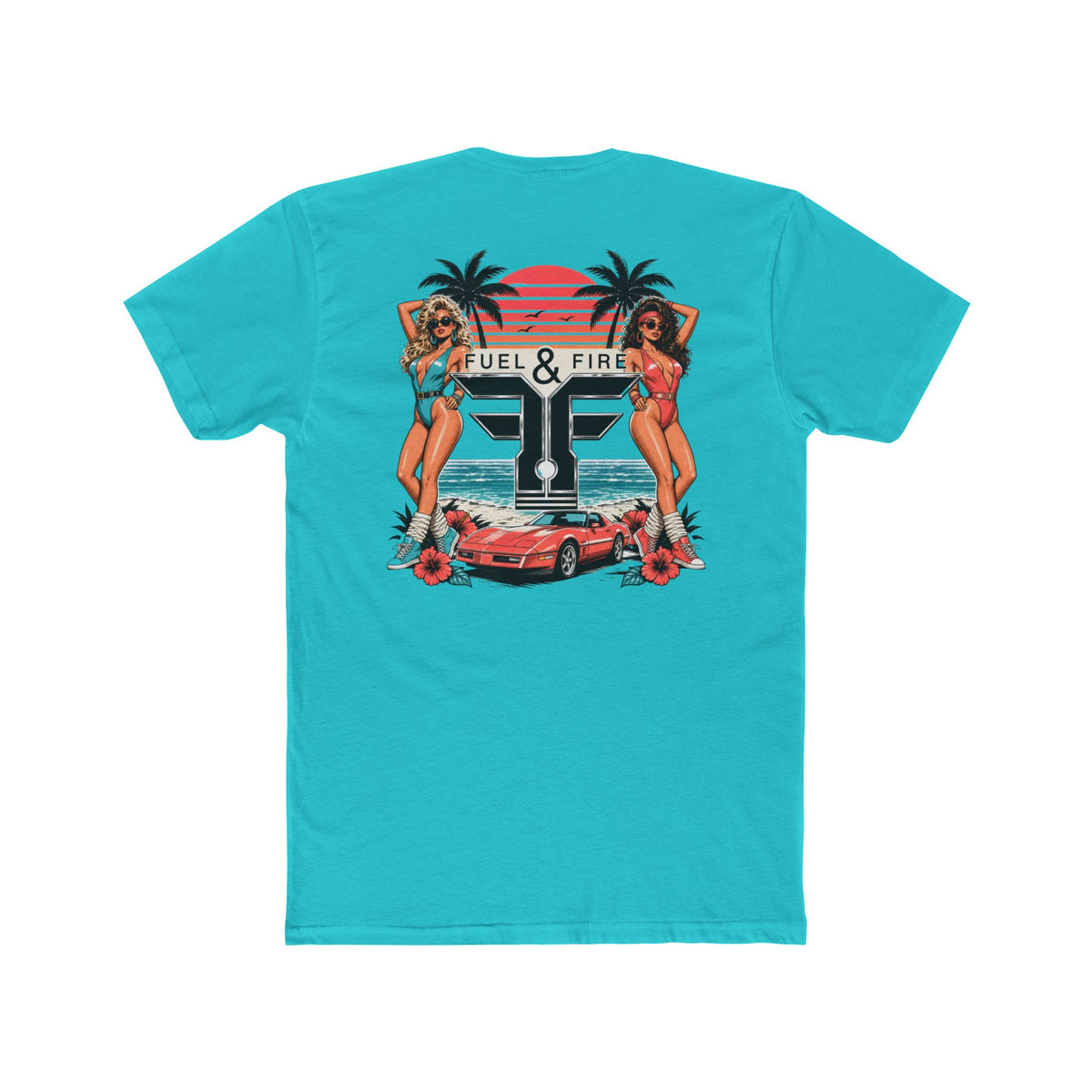 Fuel & Fire Retro Beach Tee — Vintage Car, Palm Trees & Pin-Up Graphic
