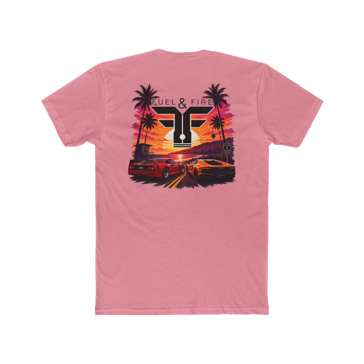 Fuel & Fire Sunset Racing T-Shirt — Retro Palm Beach Exotic Car Tee