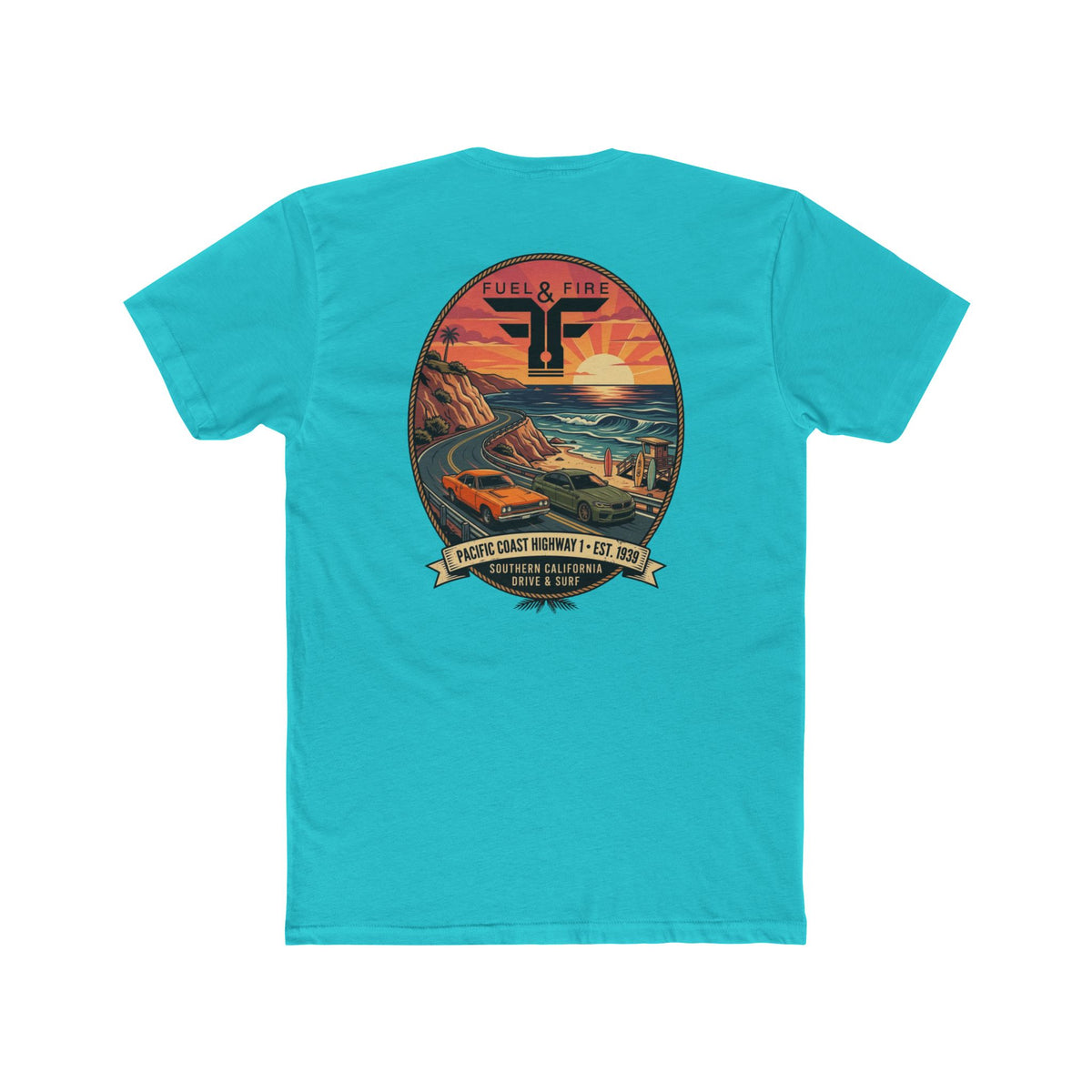 Fuel & Fire Pacific Coast Roadtrip T-Shirt — Road Runner vs M5 Sunset Beach Graphic Tee