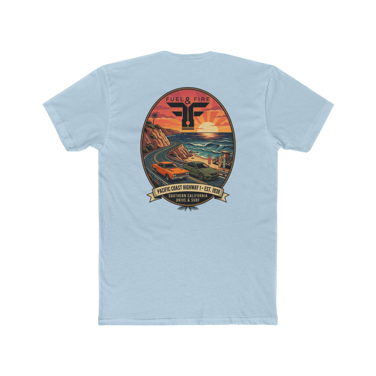 Fuel & Fire Pacific Coast Roadtrip T-Shirt — Road Runner vs M5 Sunset Beach Graphic Tee