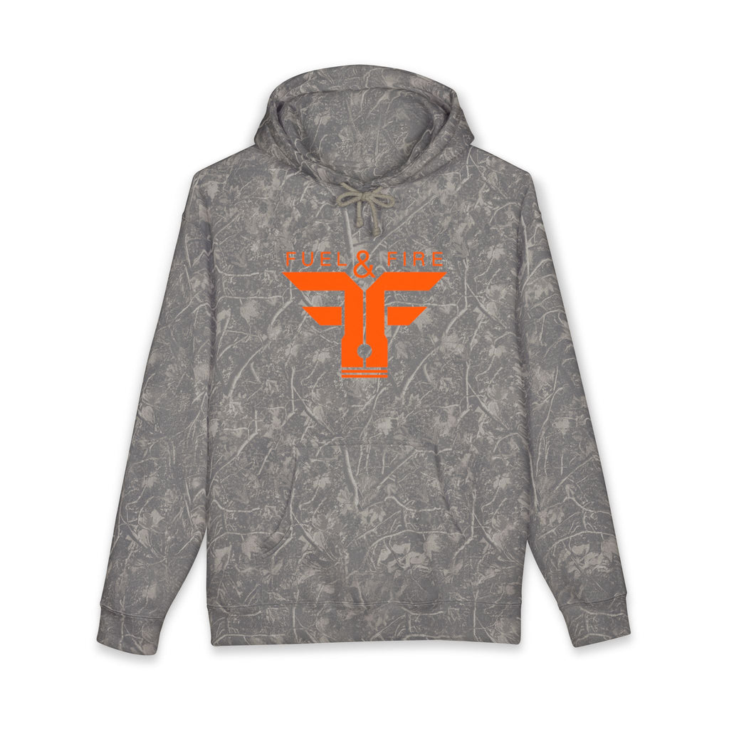 Fuel & Fire Hoodie — Camo Grey Orange Shield Logo Pullover
