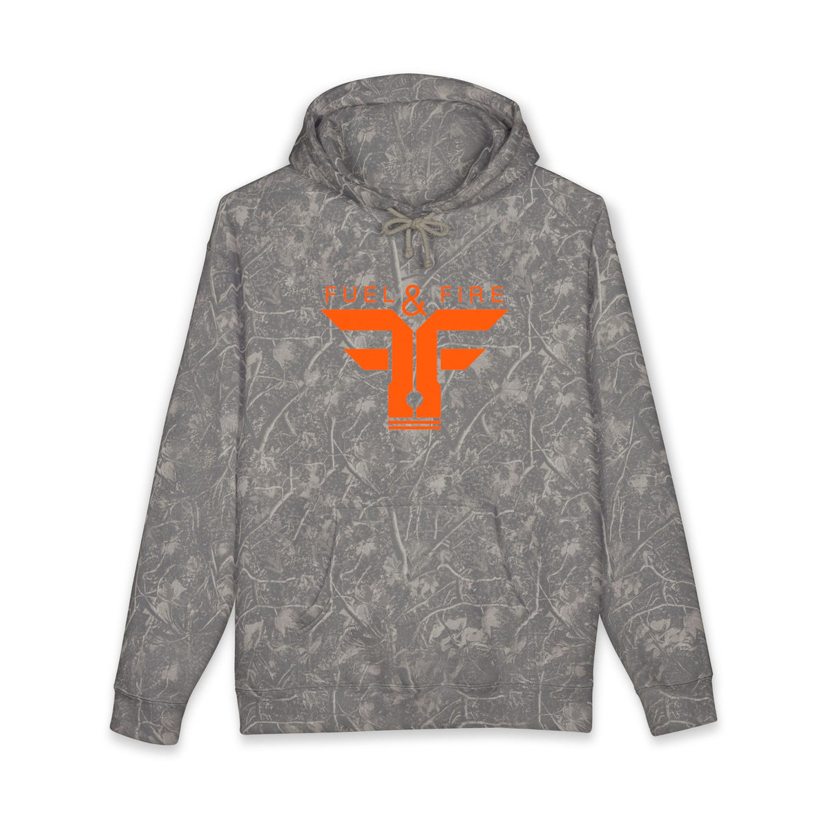 Fuel & Fire Hoodie — Camo Grey Orange Shield Logo Pullover