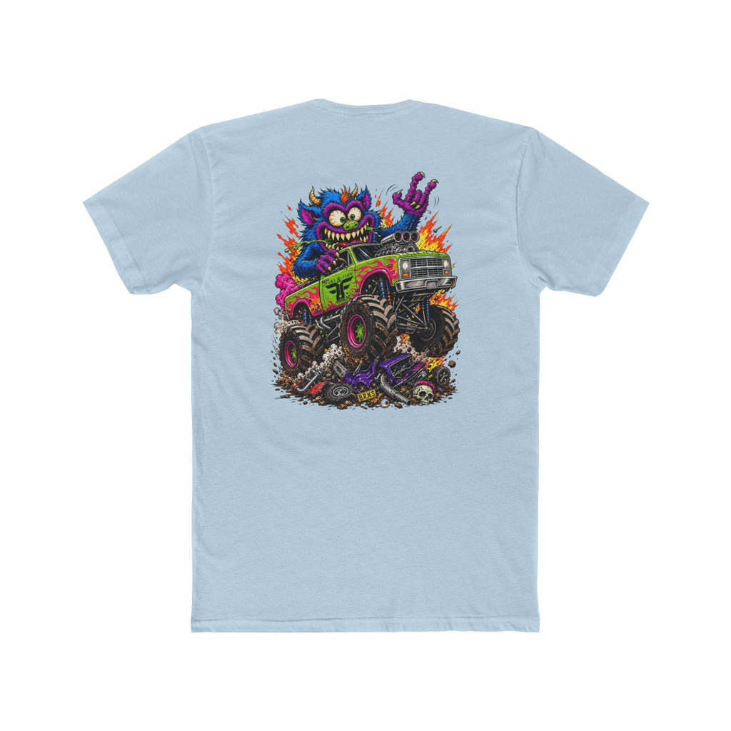 Monster Truck Mayhem T‑Shirt — Colorful Cartoon Creature Crushing Cars