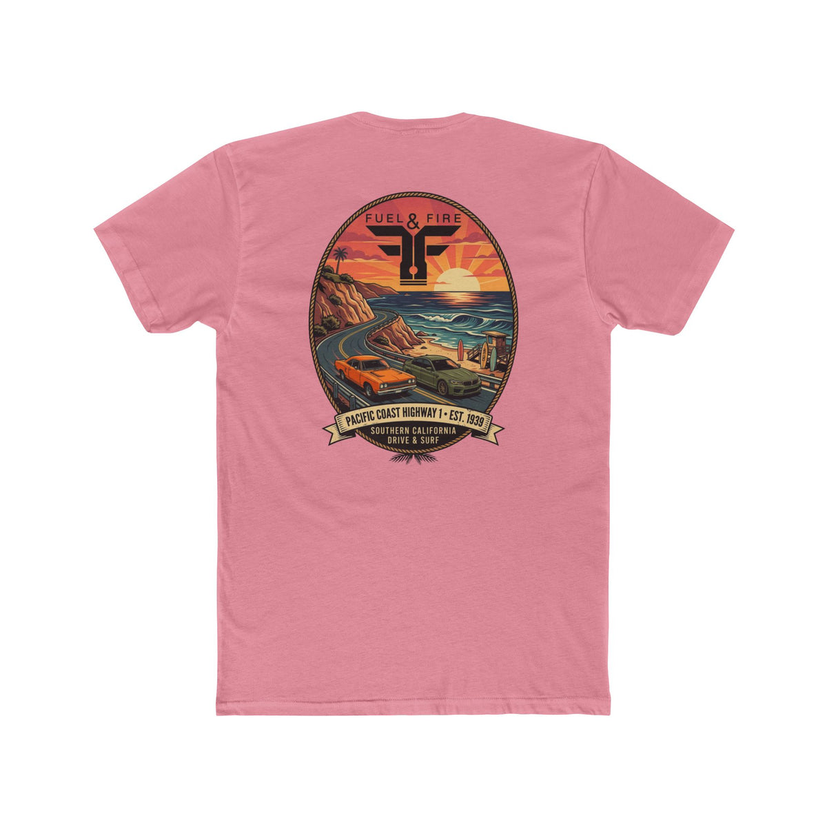 Fuel & Fire Pacific Coast Roadtrip T-Shirt — Road Runner vs M5 Sunset Beach Graphic Tee