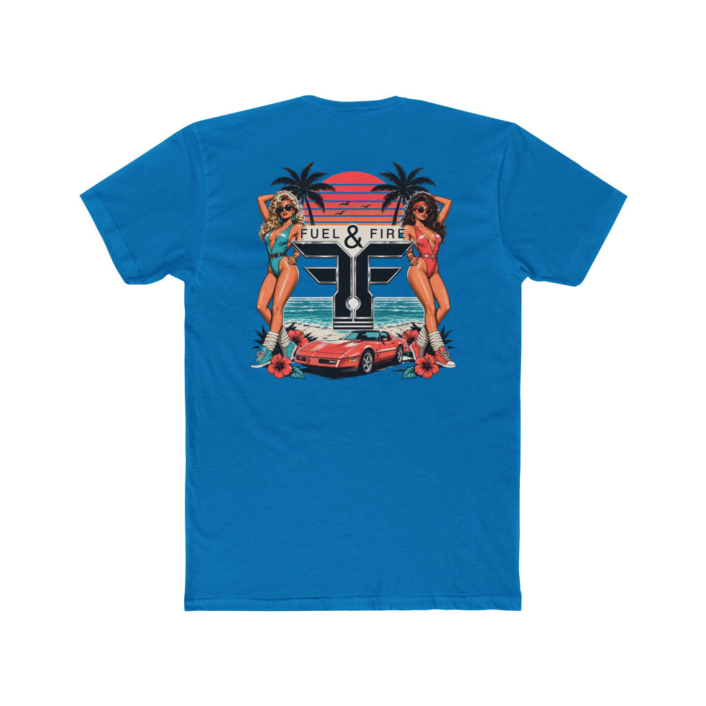 Fuel & Fire Retro Beach Tee — Vintage Car, Palm Trees & Pin-Up Graphic