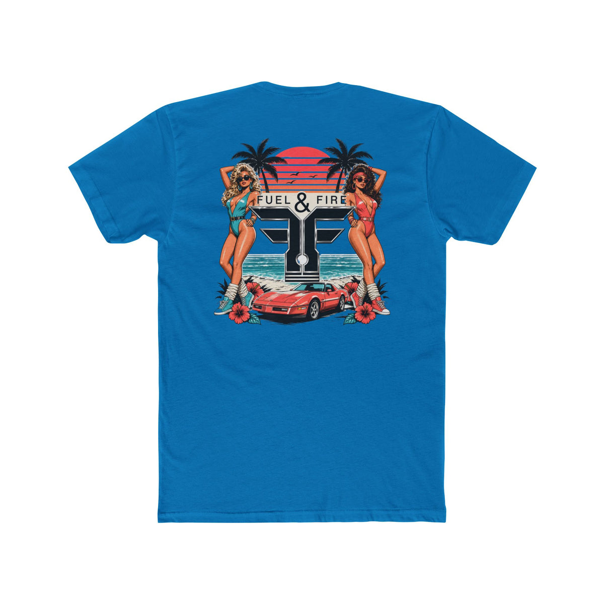 Fuel & Fire Retro Beach Tee — Vintage Car, Palm Trees & Pin-Up Graphic