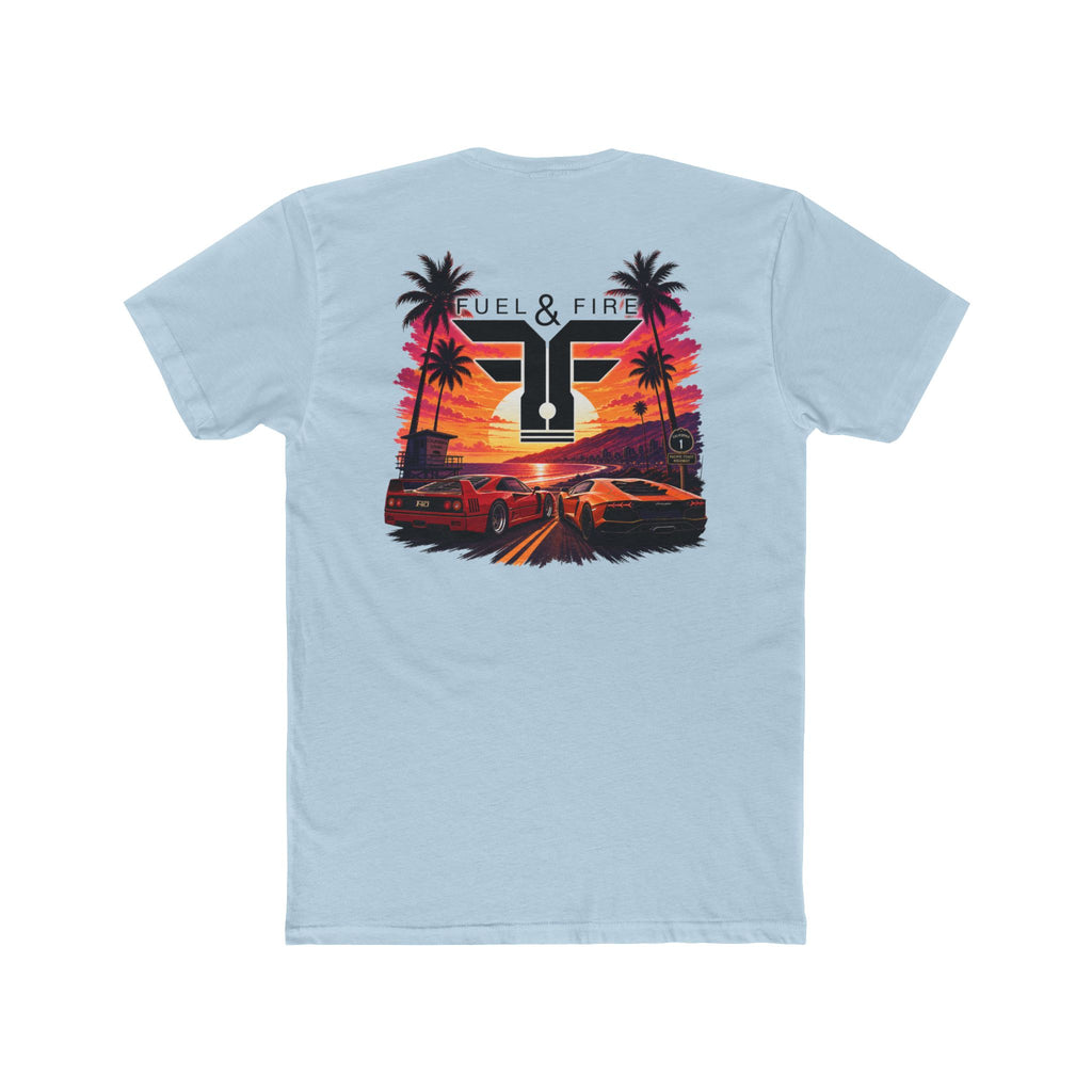 Fuel & Fire Sunset Racing T-Shirt — Retro Palm Beach Exotic Car Tee