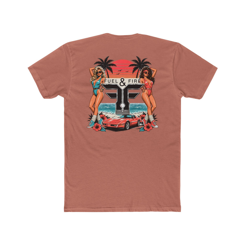 Fuel & Fire Retro Beach Tee — Vintage Car, Palm Trees & Pin-Up Graphic