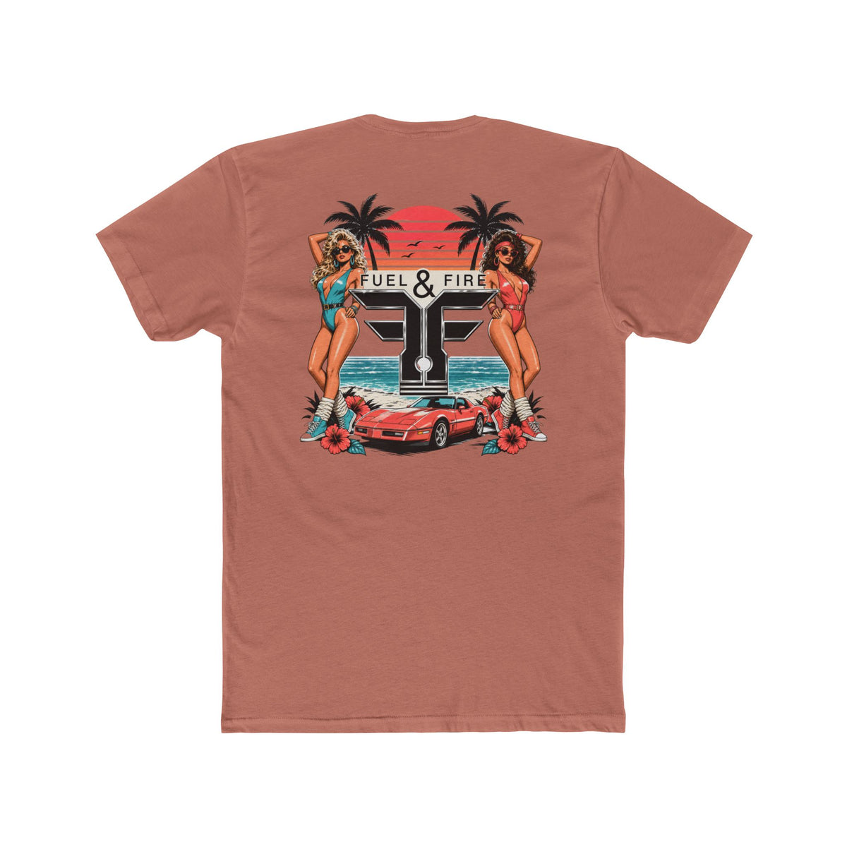 Fuel & Fire Retro Beach Tee — Vintage Car, Palm Trees & Pin-Up Graphic