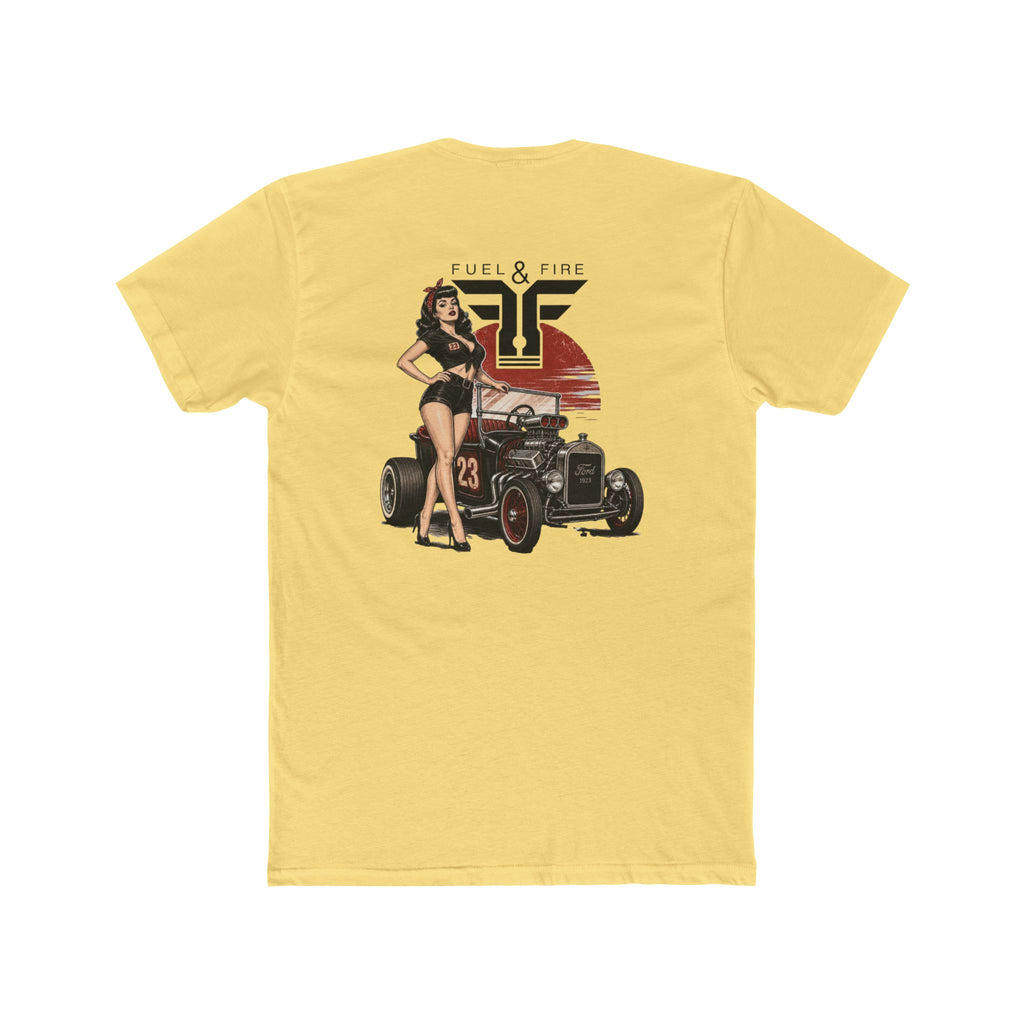 Fuel & Fire Pinup Hot Rod Tee — Retro Pin-up Car Graphic T-Shirt