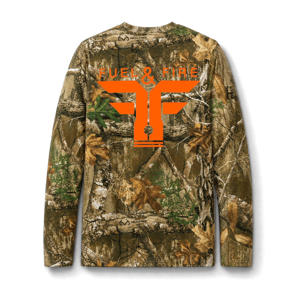 Camo Long Sleeve Tee — Realtree Pocket Shirt with Orange "Fuel & Fire" Logo