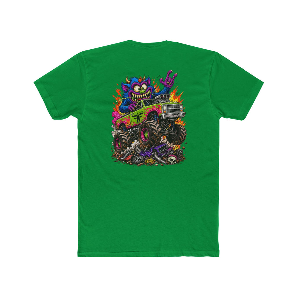 Monster Truck Mayhem T‑Shirt — Colorful Cartoon Creature Crushing Cars