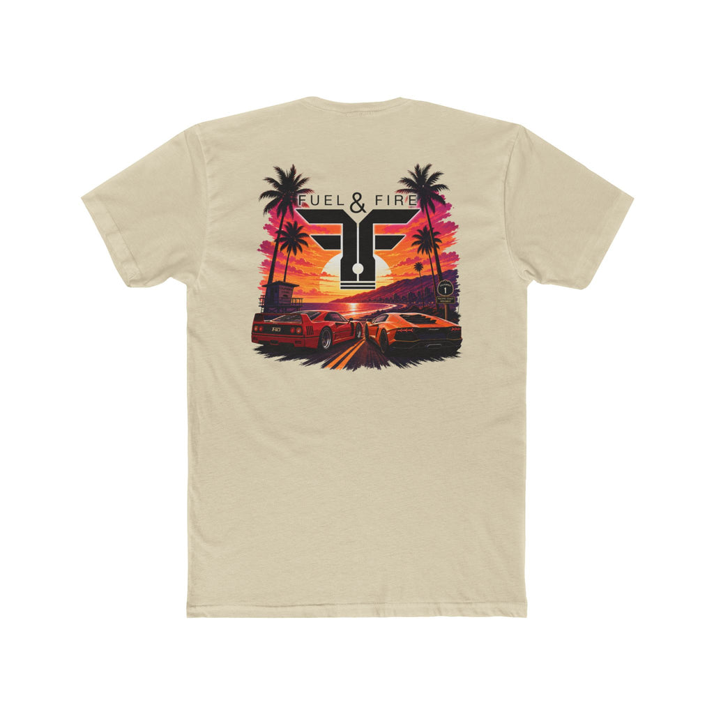Fuel & Fire Sunset Racing T-Shirt — Retro Palm Beach Exotic Car Tee